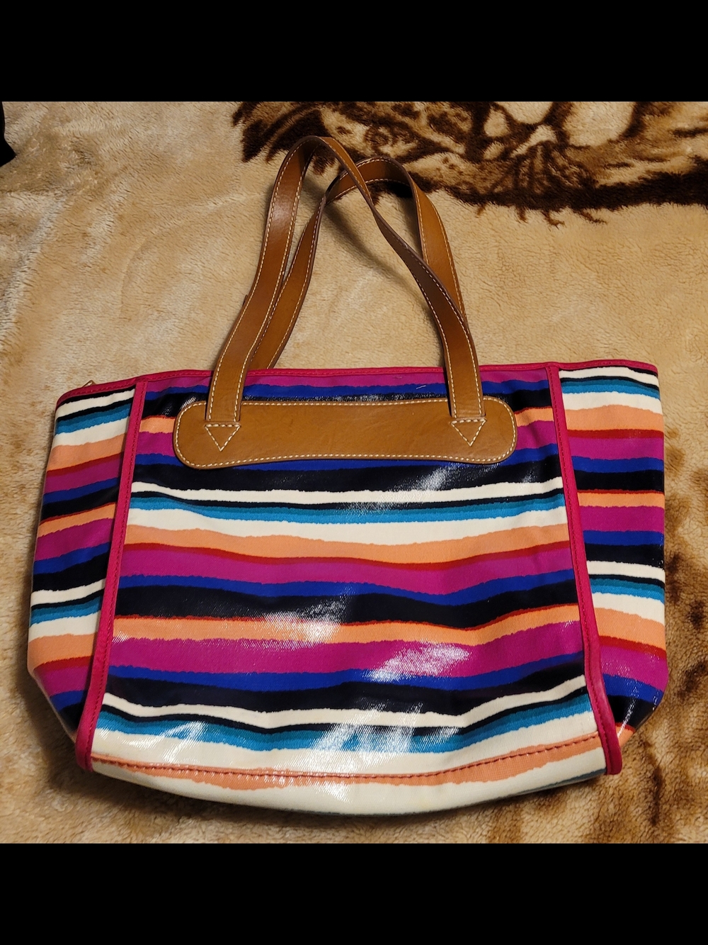 Striped Multicolor Tote Bag with Tan Handles